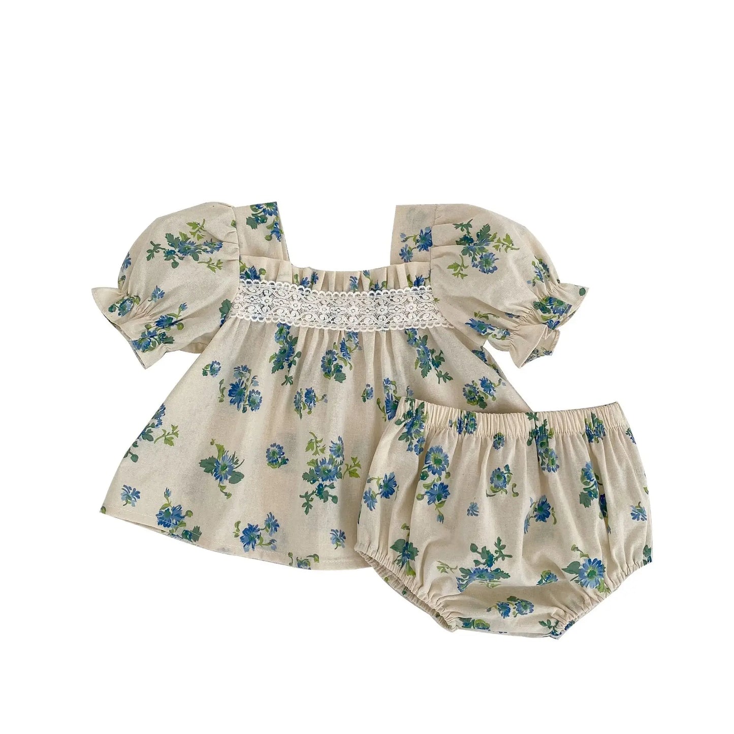 2023 Summer Baby Short-sleeved Suit Floral Puff Sleeve