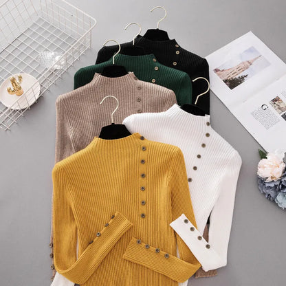 Women Button Solid Knitted Turtleneck Sweater