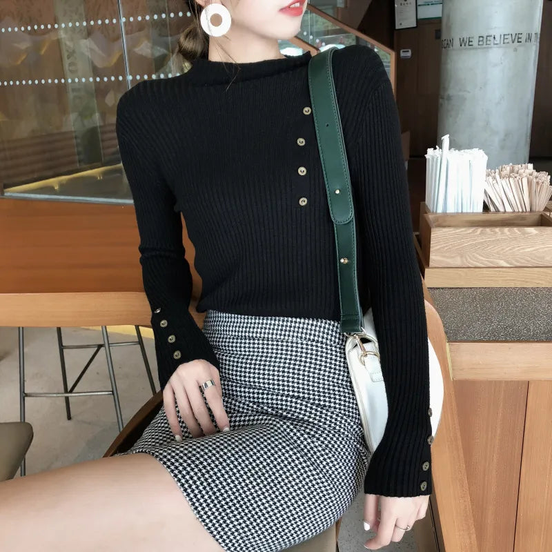 Women Button Solid Knitted Turtleneck Sweater