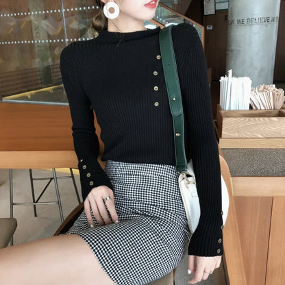Women Button Solid Knitted Turtleneck Sweater