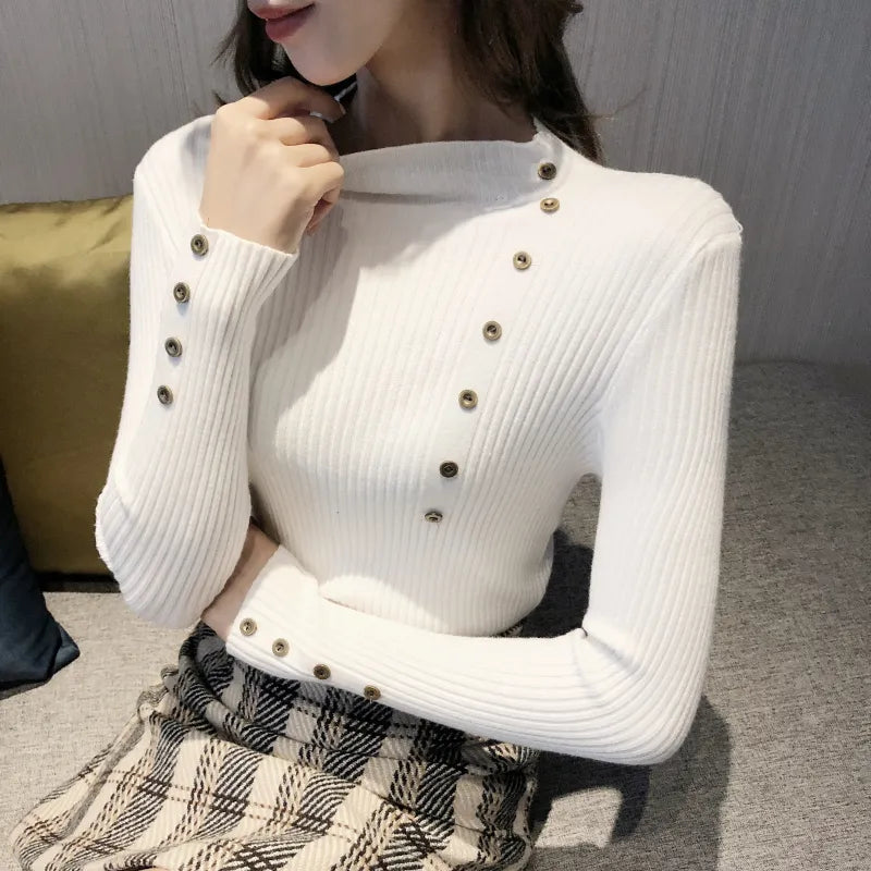 Women Button Solid Knitted Turtleneck Sweater