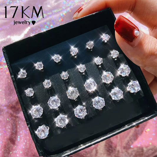 17KM Vintage Cubic Zirconia Round Stud Earrings Set For Women Silver Color Crystal Rhinestone Bow Earrings Brinco Jewelry