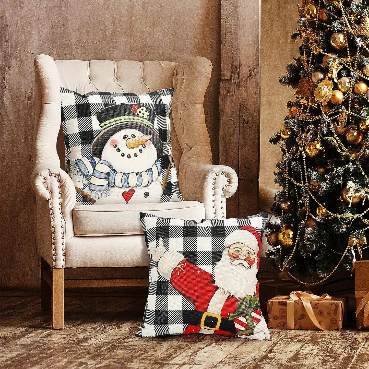 Christmas Pillow Covers 45 X 45cm Set of 4 Christmas Decorations Farmhouse Throw Pillowcase Buffalo Plaid Cute Snowman Linen Cus