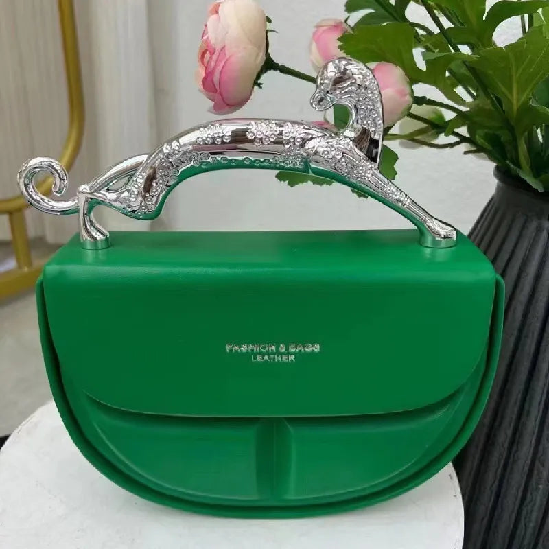 Metal Handle Crescent Clutch Leather Bag