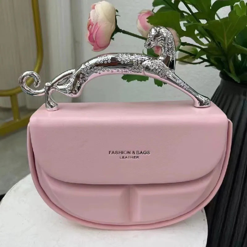 Metal Handle Crescent Clutch Leather Bag
