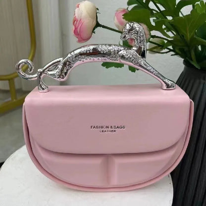 Metal Handle Crescent Clutch Leather Bag