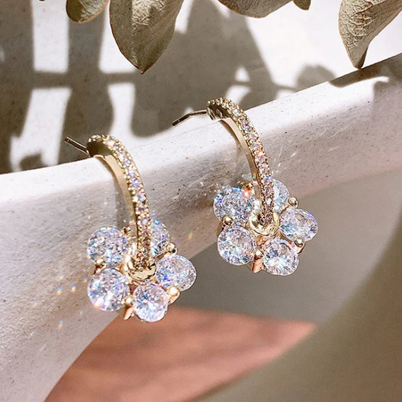 New Exquisite Shiny Zircon Heart Flower Earrings Korean Elegant Square Geometric Crystal Earrings for Women Fashion Jewelry Gift