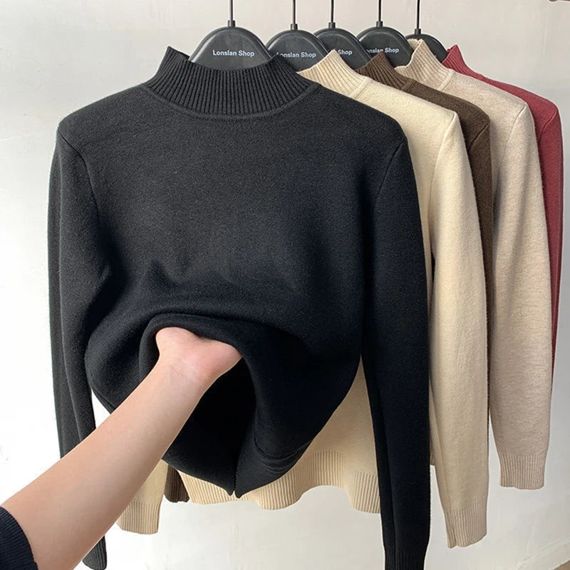 Fleece Lined Turtleneck Sweater Women Winter Warm Thicken Plus Velvet Knitted Pullovers Casual Slim Knitwear Long Sleeve Tops