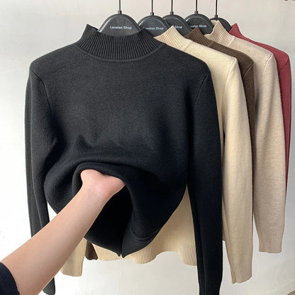 Fleece Lined Turtleneck Sweater Women Winter Warm Thicken Plus Velvet Knitted Pullovers Casual Slim Knitwear Long Sleeve Tops