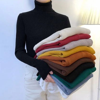 Winter Turtleneck Women's Sweater Knitted Pullover Soft Slim Long Sleeve Top Solid Color Basic High Neck Jumper Woman Clothing