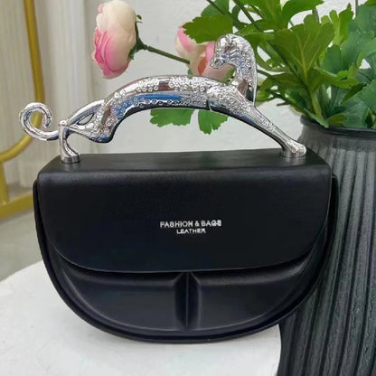 Metal Handle Crescent Clutch Leather Bag