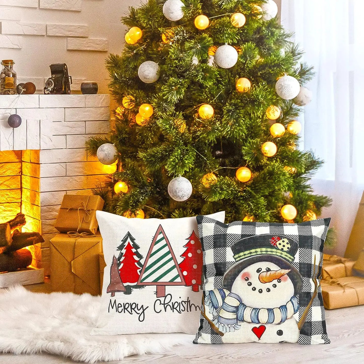 Christmas Pillow Covers 45 X 45cm Set of 4 Christmas Decorations Farmhouse Throw Pillowcase Buffalo Plaid Cute Snowman Linen Cus