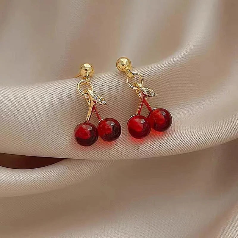Red Cherry and Gold Color Pendant Necklace and Earrings set