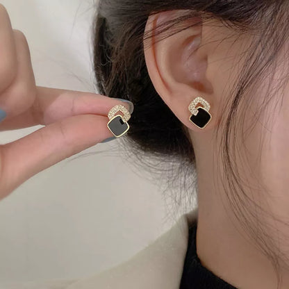 Korean Style Black Zircon Stud Earring For Women Shiny Rhinestone Square Geometric Earrings Girl Party Statement Jewelry Gifts