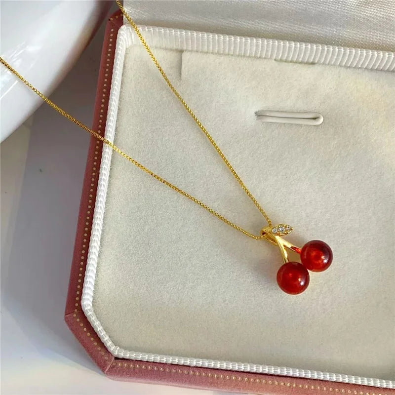 Red Cherry and Gold Color Pendant Necklace and Earrings set