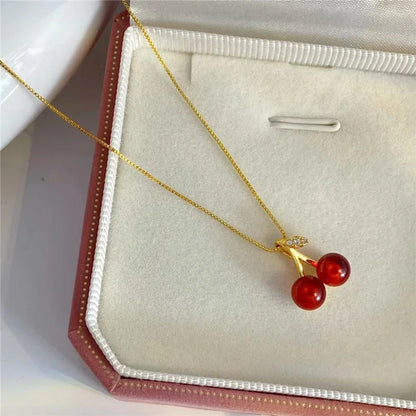 Red Cherry and Gold Color Pendant Necklace and Earrings set