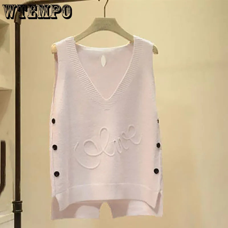 V-Neck Button High Low Vest Sleeveless Sweater Women's Clothing Autumn All-match Pullovers Loose Korean Tops