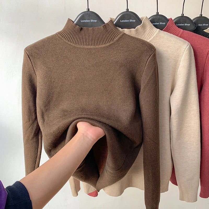 Fleece Lined Turtleneck Sweater Women Winter Warm Thicken Plus Velvet Knitted Pullovers Casual Slim Knitwear Long Sleeve Tops