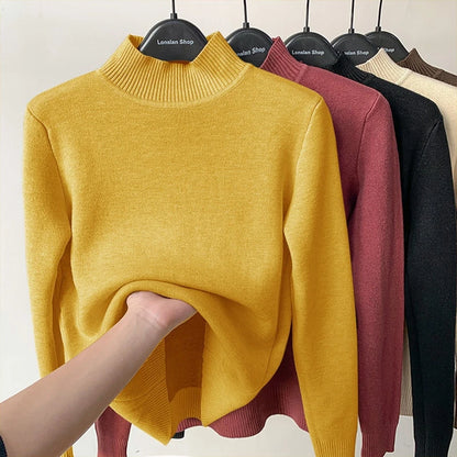 Fleece Lined Turtleneck Sweater Women Winter Warm Thicken Plus Velvet Knitted Pullovers Casual Slim Knitwear Long Sleeve Tops