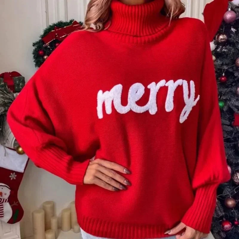 2023 Christmas Knitted Sweater Women Turtleneck Bat Sleeve Merry Pullover Female Fashion New Year Letter Embroidery Red Sweaters