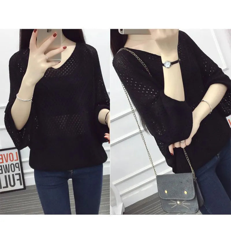 Sexy Women Knitted Pullover Mesh Hollow Top Female Autumn Fashion Bat Sleeve V-Neck Lady Thin Clothes Tide Korean Style  Jumper