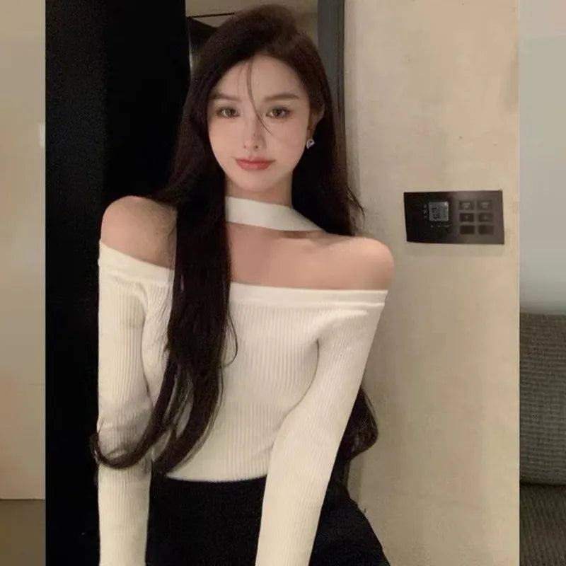 Off  Shoulder Women Tops Sexy Halterneck SweaterTight-fitting  Knitted Bottoming Shirt Long-sleeved Solid Harajuku Shirt