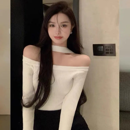 Off  Shoulder Women Tops Sexy Halterneck SweaterTight-fitting  Knitted Bottoming Shirt Long-sleeved Solid Harajuku Shirt