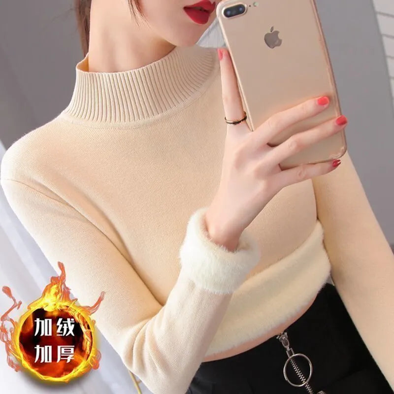 Fleece Lined Turtleneck Sweater Women Winter Warm Thicken Plus Velvet Knitted Pullovers Casual Slim Knitwear Long Sleeve Tops