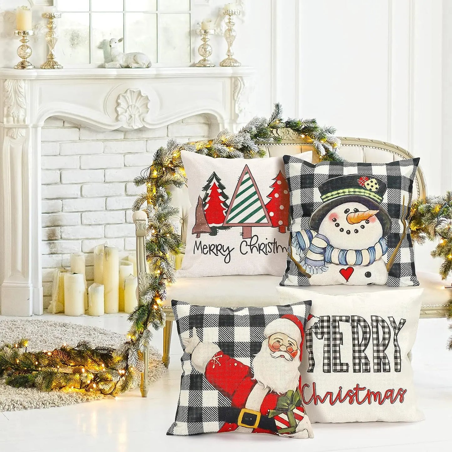 Christmas Pillow Covers 45 X 45cm Set of 4 Christmas Decorations Farmhouse Throw Pillowcase Buffalo Plaid Cute Snowman Linen Cus