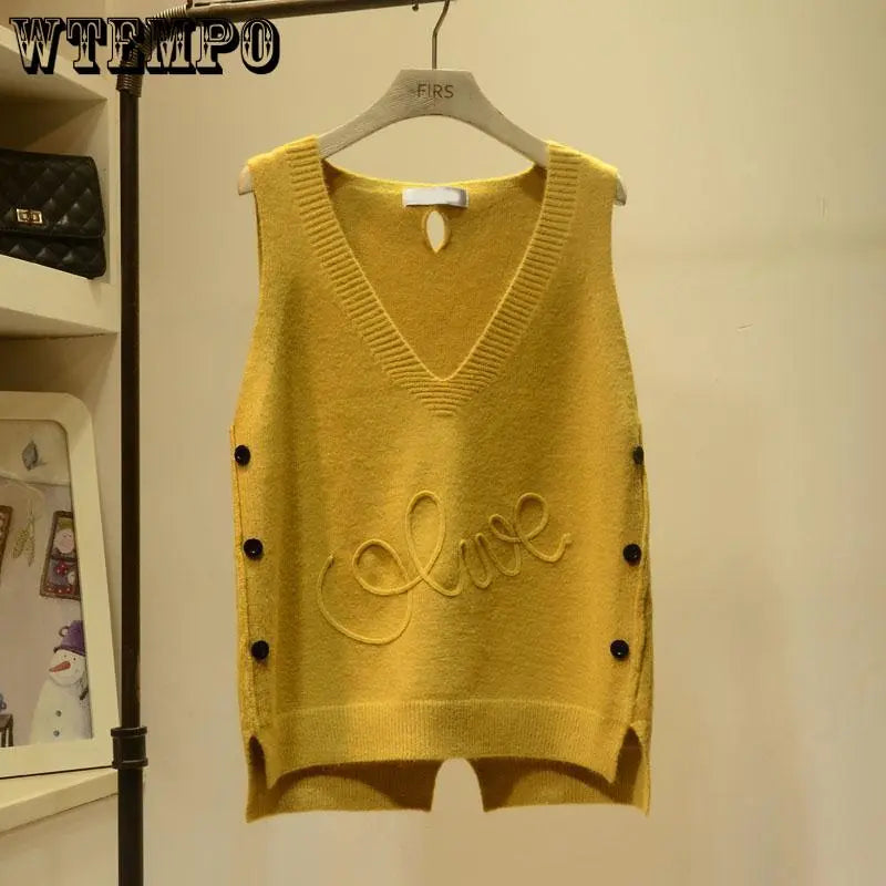 V-Neck Button High Low Vest Sleeveless Sweater Women's Clothing Autumn All-match Pullovers Loose Korean Tops
