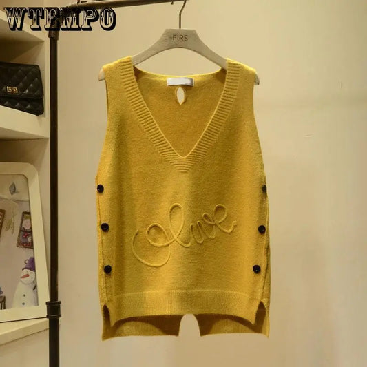 V-Neck Button High Low Vest Sleeveless Sweater Women's Clothing Autumn All-match Pullovers Loose Korean Tops