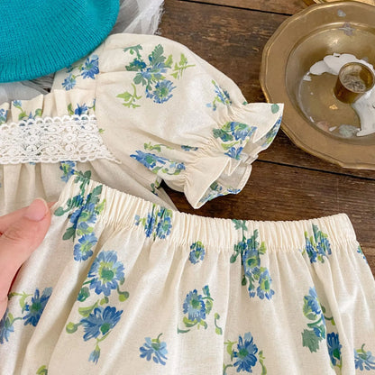 2023 Summer Baby Short-sleeved Suit Floral Puff Sleeve