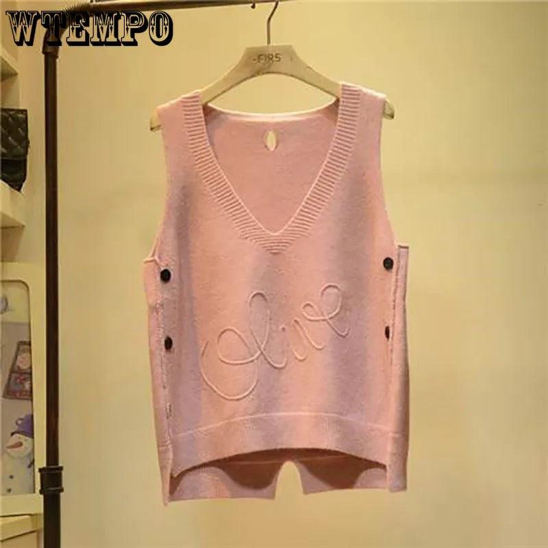 V-Neck Button High Low Vest Sleeveless Sweater Women's Clothing Autumn All-match Pullovers Loose Korean Tops