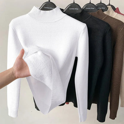 Fleece Lined Turtleneck Sweater Women Winter Warm Thicken Plus Velvet Knitted Pullovers Casual Slim Knitwear Long Sleeve Tops