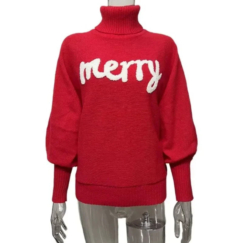 2023 Christmas Knitted Sweater Women Turtleneck Bat Sleeve Merry Pullover Female Fashion New Year Letter Embroidery Red Sweaters