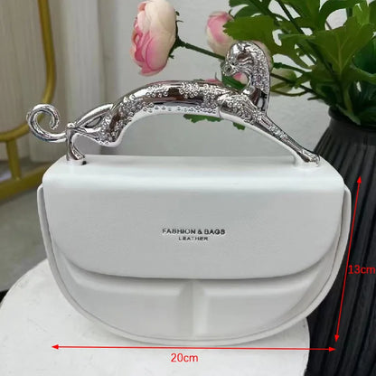 Metal Handle Crescent Clutch Leather Bag