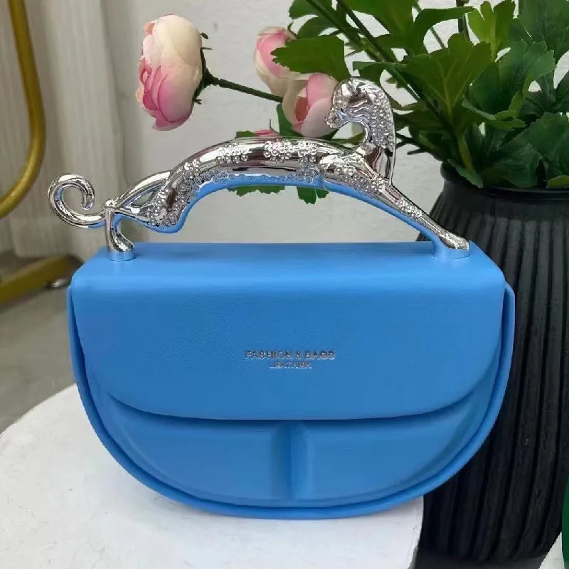 Metal Handle Crescent Clutch Leather Bag