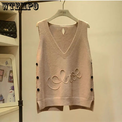 V-Neck Button High Low Vest Sleeveless Sweater Women's Clothing Autumn All-match Pullovers Loose Korean Tops