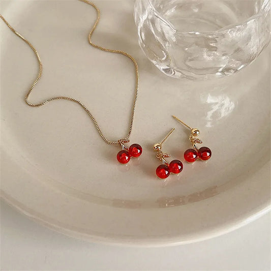 Red Cherry and Gold Color Pendant Necklace and Earrings set