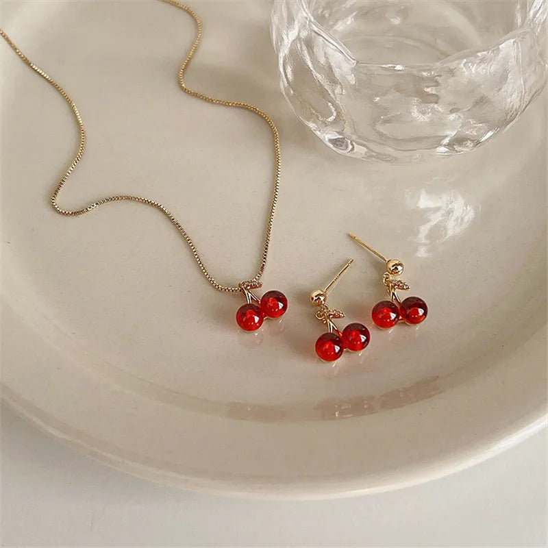 Red Cherry and Gold Color Pendant Necklace and Earrings set