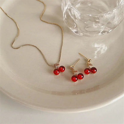 Red Cherry and Gold Color Pendant Necklace and Earrings set