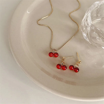 Red Cherry and Gold Color Pendant Necklace and Earrings set