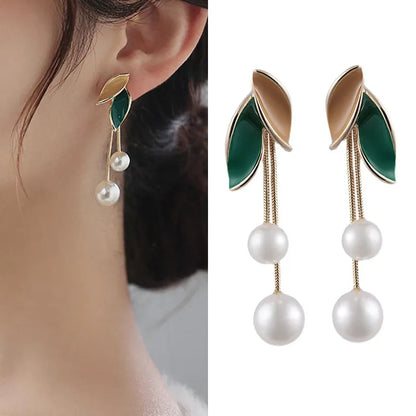 Pearl Leaf Tassel Earrings
