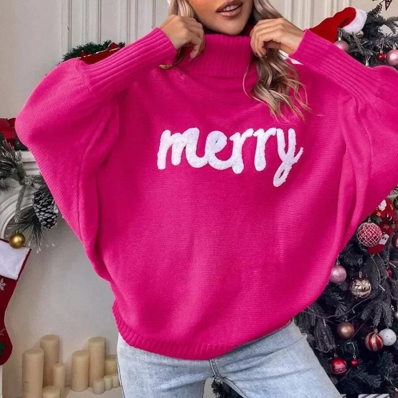 2023 Christmas Knitted Sweater Women Turtleneck Bat Sleeve Merry Pullover Female Fashion New Year Letter Embroidery Red Sweaters