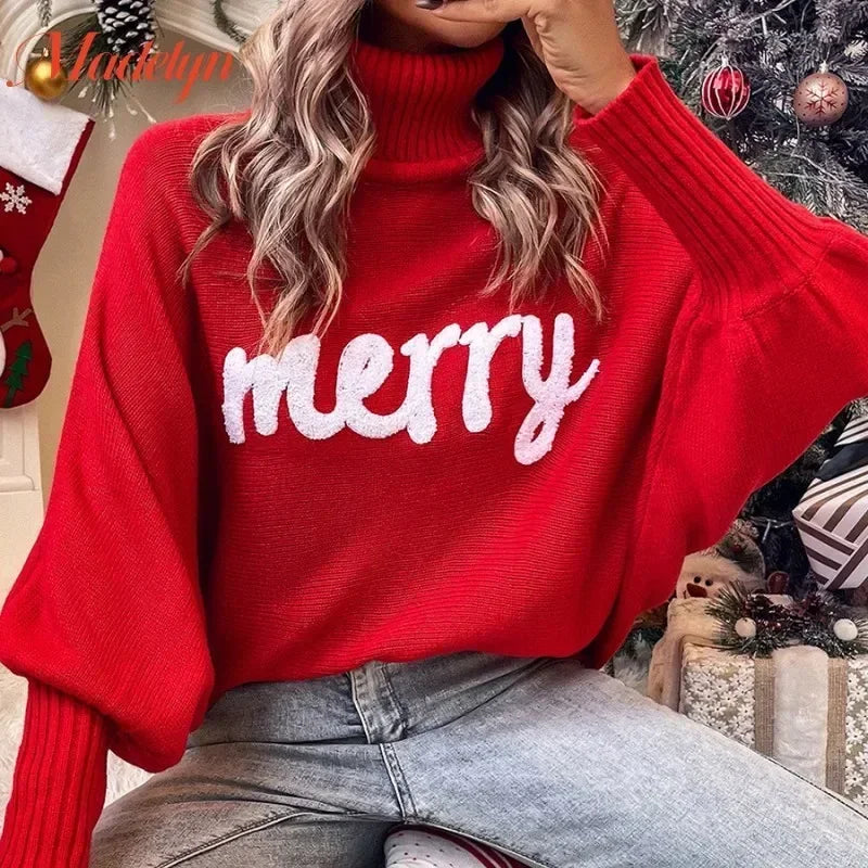 2023 Christmas Knitted Sweater Women Turtleneck Bat Sleeve Merry Pullover Female Fashion New Year Letter Embroidery Red Sweaters