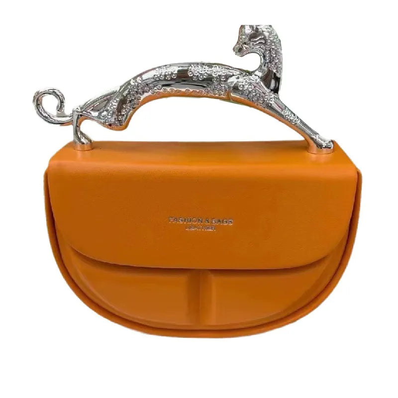 Metal Handle Crescent Clutch Leather Bag