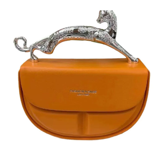 Metal Handle Crescent Clutch Leather Bag
