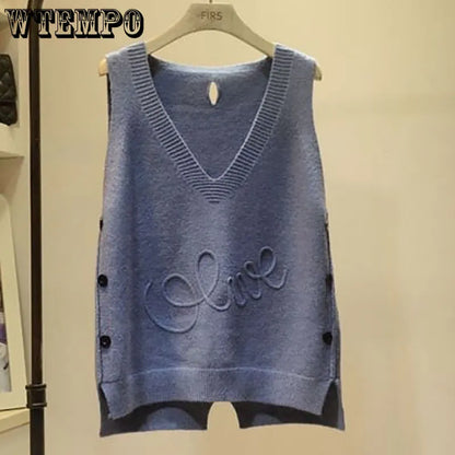 V-Neck Button High Low Vest Sleeveless Sweater Women's Clothing Autumn All-match Pullovers Loose Korean Tops