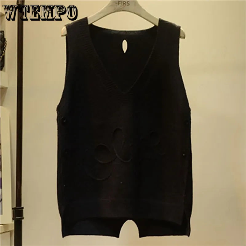 V-Neck Button High Low Vest Sleeveless Sweater Women's Clothing Autumn All-match Pullovers Loose Korean Tops