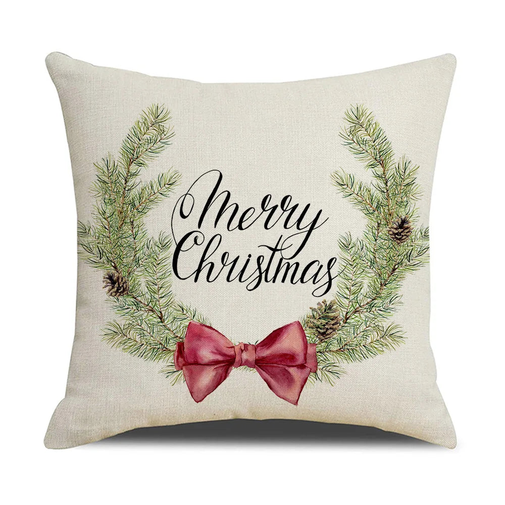 Christmas Cushion Cover Simple Painting Printed Pillow Covers 18x18 Inches Xmas Decorations Candle Bird Flower Linen Pillowcase